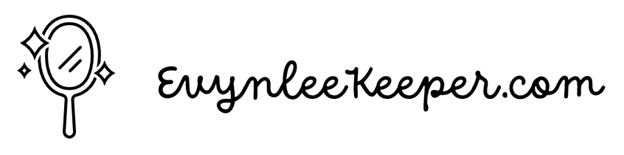 A black text on a white background and it reads: EvynleeKeeper.com and there is an icon next to the wording and the icon picture is of a hand-held mirror for looking into face features and the whole thing together is a logo for the website https://www.EvynleeKeeper.com social media network community website platform with account creation and user login credential.